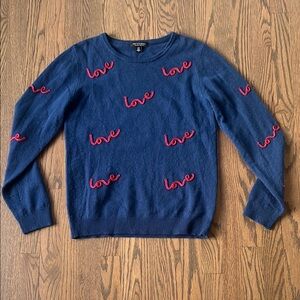 Saks Fifth Avenue Blue Cashmere Sweater with red Embroidery